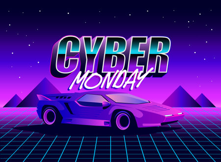 Cyber monday sale poster with car in futuristic landscape vector illustration graphic designのイラスト素材