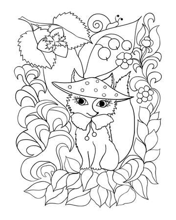 A cute fox in a hat sits surrounded by forest elements, flowers, mushrooms, berries. Coloring book page, antistress for adults and children. Vector illustration black and white contour.のイラスト素材
