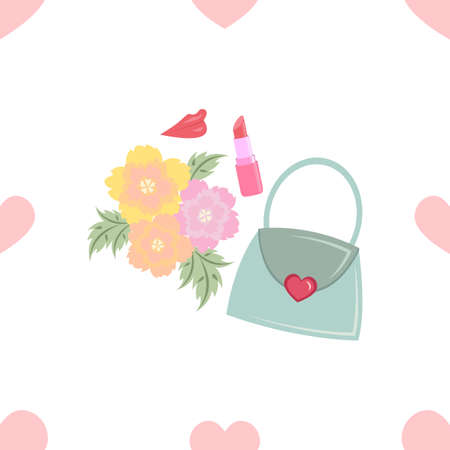 Fashion seamless pattern with beauty elements for women cosmetic bag, flowers, lipstick, hearts, lips. Vector illustration for magazines, postcards, wallpapers, packaging.のイラスト素材