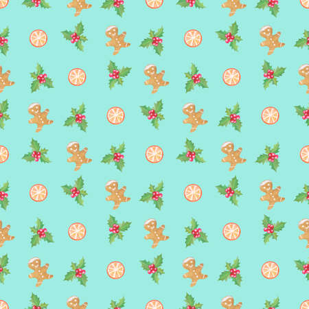 Festive seamless pattern with elements of Christmas decor gingerbread, holly, orange slice.の写真素材