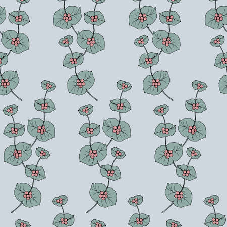 Seamless pattern with bouquets of honeysuckle branches with berries in pastel gray-blue shades.のイラスト素材