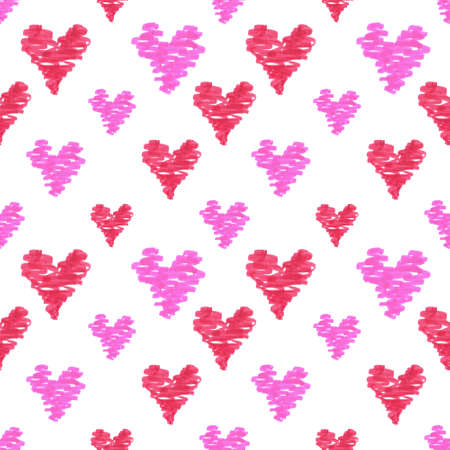 Seamless pattern with a print of hearts in the style of doodle drawn by markers with felt-tip pens.