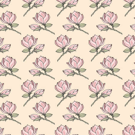 Seamless pattern with branches, flowers, buds of magnolia in pastel shades.のイラスト素材