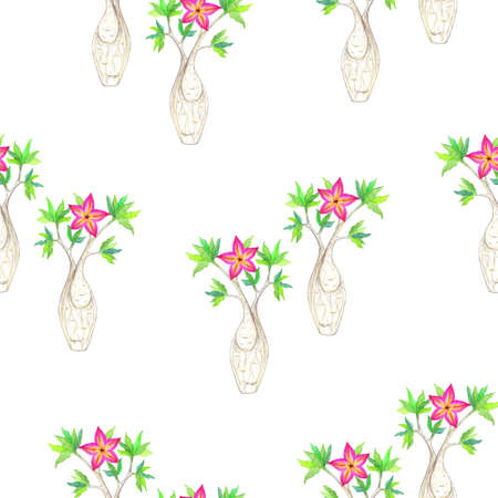 Seamless pattern with blooming adeniums on a white background. Illustration with colored pencils.の写真素材