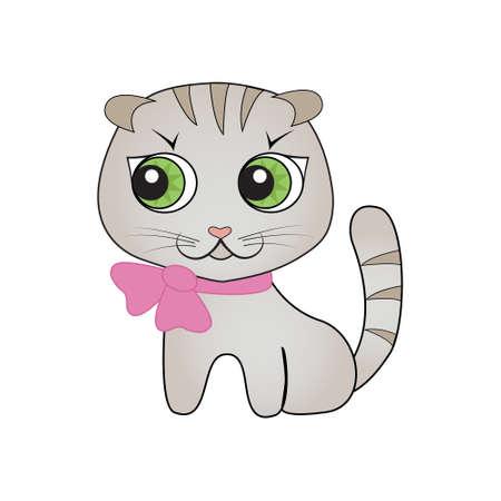 Childish illustration cartoon cute scottish fold cat with bow.のイラスト素材