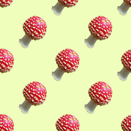 Seamless pattern with bright red forest amanita muscaria mushrooms on a yellow background.の写真素材
