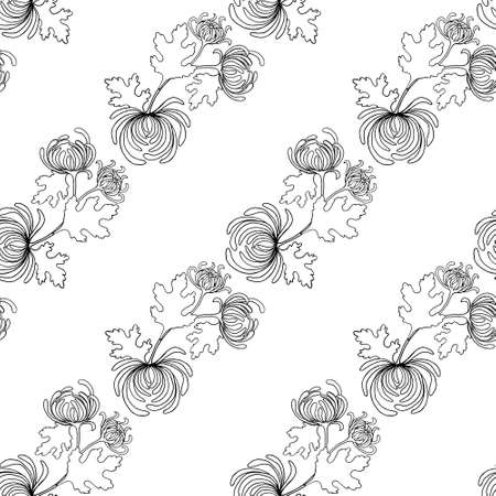 Seamless pattern of diagonal garlands of chrysanthemum branches, black outline drawing.のイラスト素材