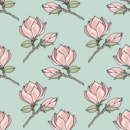 Seamless pattern with a print of blooming magnolias in pastel shades.のイラスト素材