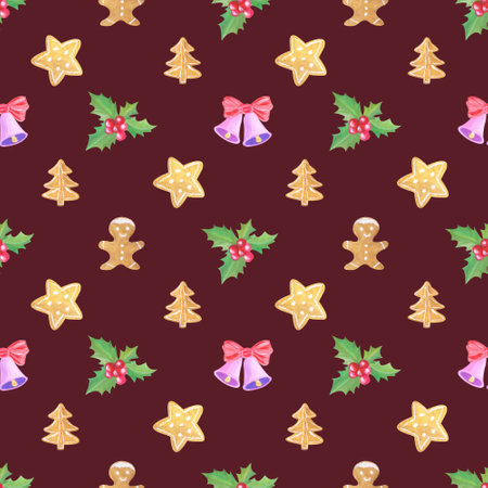 Christmas seamless pattern with the image of a holly branch, bells, gingerbreads in the shape of a star, spruce, little men, watercolor illustration on a red background.の写真素材