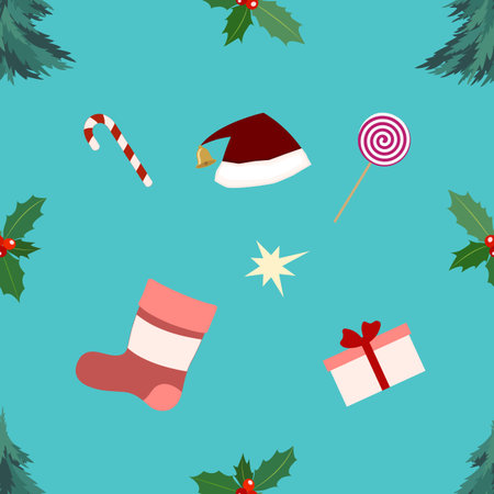 Festive new year seamless pattern with symbols santa hat, sock, holly, lollipop sweet stick, stars, gift box.のイラスト素材