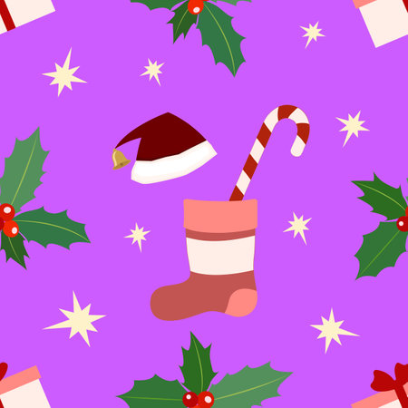 Festive new year seamless pattern with symbols of santa hat, sock, holly, lollipop sweet stick, stars.のイラスト素材