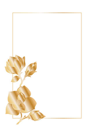 Template for festive design invitations, greeting cards. Rectangular frame with golden branch of blooming magnolia. Gold gradient on a white background. Place for your text.のイラスト素材