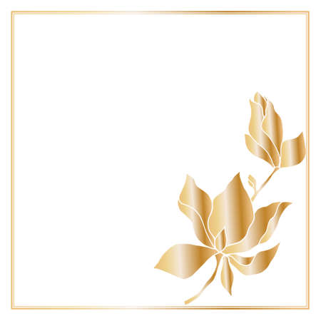 A square template frame decorated with a bouquet of magnolia flowers, filled with a golden gradient, on a white background. Place for your text.のイラスト素材