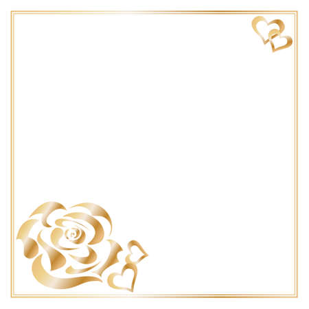 Square template frame, decorated with a bouquet of rose flowers and hearts with a golden gradient on a white background. Place for your text.のイラスト素材