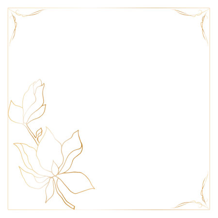 Square template frame, decorated in the corners with decorative elements and a bouquet of magnolia flowers, a golden outline on a white background. Place for your text.のイラスト素材