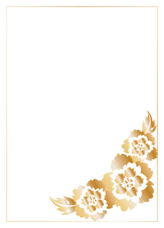 Rectangular frame-template, decorated in the corner with a bouquet of decorative flowers of golden peonies on a white background. Place for your text.のイラスト素材