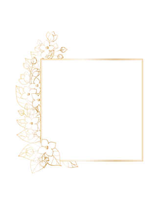 Rectangular postcard template with square frame in the center decorated with Syringe, mock-orange, Philadelphus flowers. Vector illustration with golden gradient outline.のイラスト素材