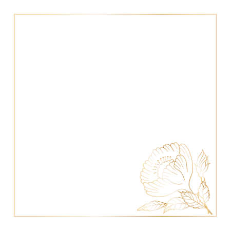 Square postcard template with a square frame decorated in the corner with a bouquet of decorative flowers and leaves, hand drawn with a golden gradient.のイラスト素材