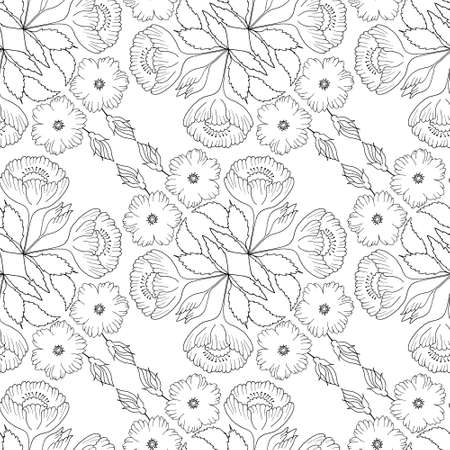 Seamless pattern black and white diagonal print with bouquets of decorative floral elements, hand drawn in black outline.のイラスト素材