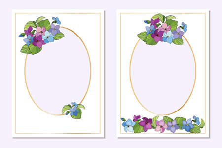 Set of rectangular postcard templates with oval frames decorated with bouquets of violet flowers.のイラスト素材