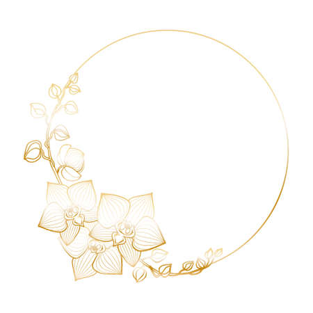 Postcard template with round frame, orchid branches with flowers, buds, freehand outline drawing with liner, golden gradient.のイラスト素材