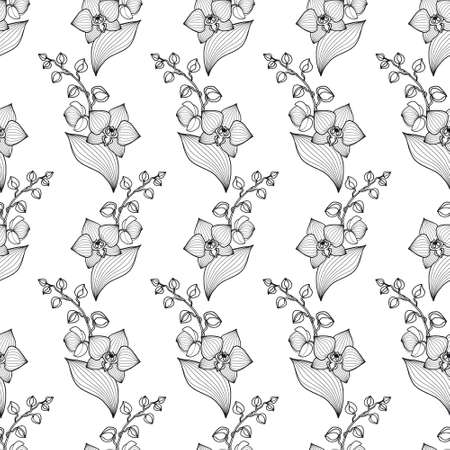Seamless pattern of orchid branch with flowers, leaves, buds, freehand drawing with black outline liner.のイラスト素材