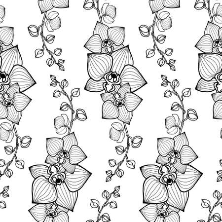 Seamless pattern with orchid branches, flowers, buds, vertical linear ornament with black outline.のイラスト素材