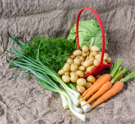 Fresh vegetables potatoes carrots and onions on a background of burlap.の写真素材