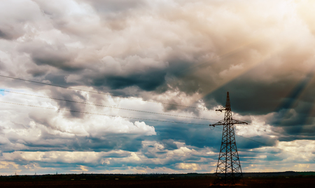 high voltage post. High-voltage tower sky background.の写真素材