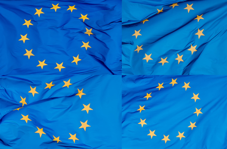 A collage of photos of the European flag in the wind.