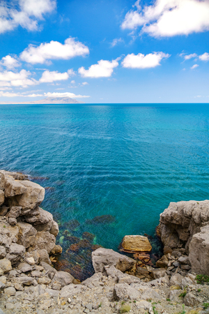 Sea aerial view, Top view, amazing nature background.The color of the water and beautifully bright. Azure beach with rocky mountains and clear water of Crimea at sunny dayの写真素材