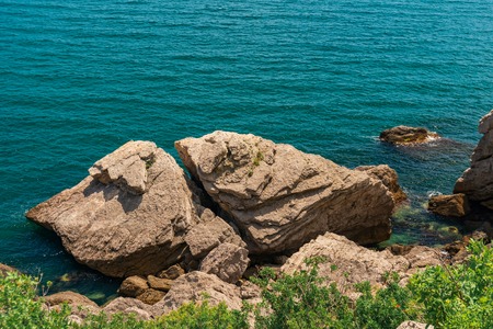 Mountain sea bay rocks panoramic landscape. Sea bay rocks view in mountains. Mountain sea bay rock...