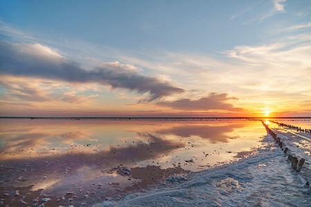 sunset on a pink salt lake, a former mine for the extraction of pink salt. row of wooden pegs overgrown with salt.の写真素材