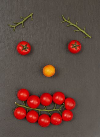 Smiley face with a happy expression. Laying out parts of a human face with vegetables, namely tomatoes and tomato branches.の写真素材