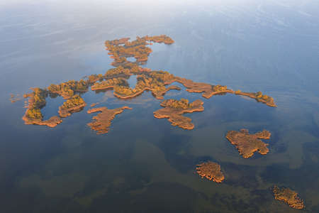 aerial view of islands with lush greenery in a freshwater river in autumn. European landscape