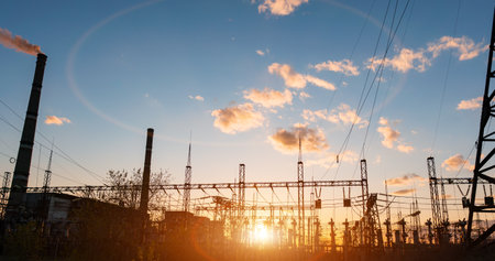 Thermal power stations and power lines during sunset
