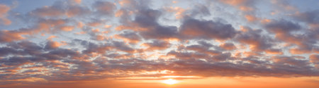 Wide sky panorama with scattered cumulus clouds.