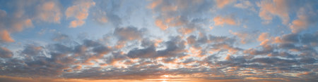Wide sky panorama with scattered cumulus clouds.