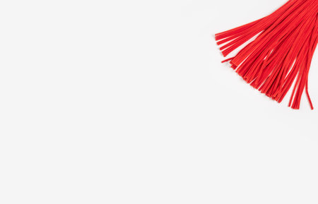 Red chenille wire on a light background. A lot of material for needlework. Place for text.