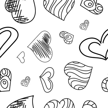Seamless pattern of hand-drawn hearts in black and white on a white backgroundのイラスト素材