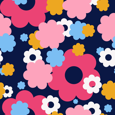 Seamless pattern with colorful flowers on dark blue background. vector illustration.のイラスト素材