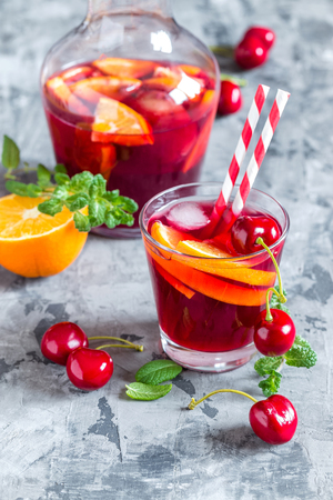summer cool alcoholic drink sangria with fresh fruits and berriesの写真素材