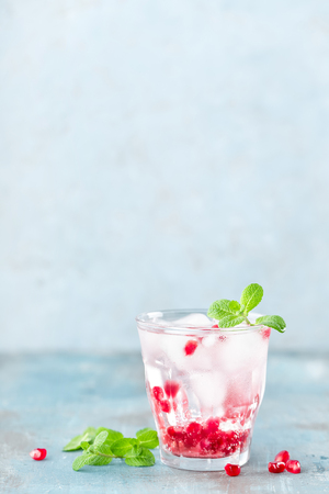Infused water made of fresh pomegranate and mineral water with ice, cold refreshing and detox drinkの写真素材
