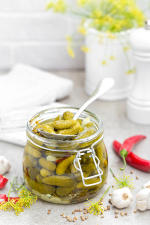 Pickled cucumbers, small marinated pickles, gherkinsの写真素材
