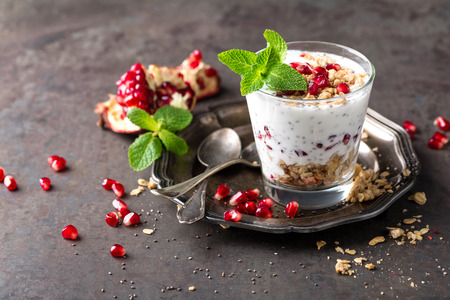 Chia pudding parfait with pomegranate, granola and light greek yogurt. Healthy eatingの写真素材