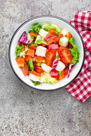 Vegetable dish, salad with bell pepper, tomato, italian mix, fresh lettuce and mozzarella cheese. Healthy food. Top viewの写真素材