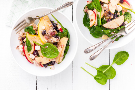 Healthy fruit and berry salad with fresh apples, cranberries, walnuts, italian ricotta cheese and spinach leaves. Delicious and nutritious diet dish for breakfast. Salad bowls on white wooden background. Overhead viewの写真素材