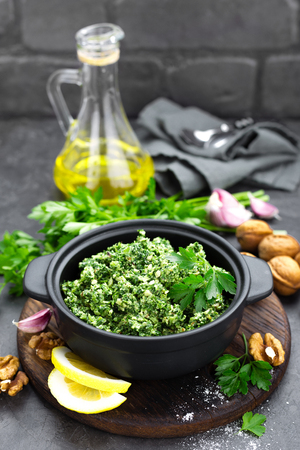 Pesto. Italian pesto with fresh pasrley, garlic, lemon juice, walnuts and olive oil の写真素材