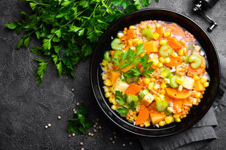 Healthy vegetarian vegetable soup with lentil and vegetables. Lentil soup with vegetablesの写真素材