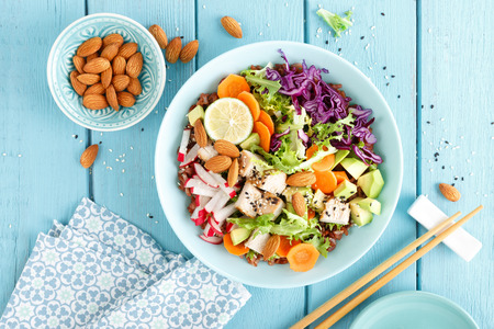 Bowl with grilled chicken meat, brown rice and fresh vegetable salad of avocado, radish, cabbage kale, carrot, and lettuce leaves. Healthy and delicious dietary lunch. Top viewの写真素材